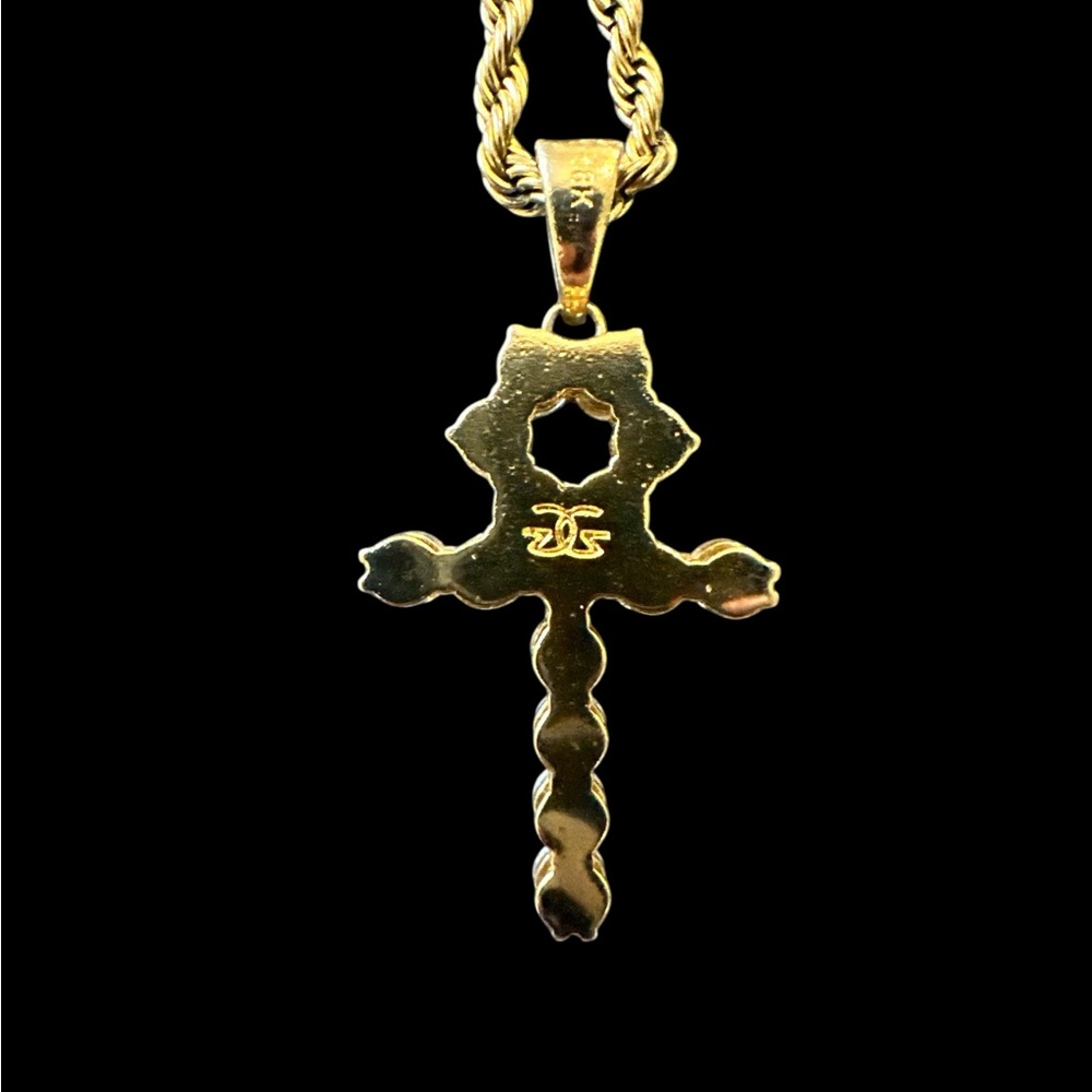 Micro Diamond Ankh Gold Necklace Pendant & Gold Rope Chain - Picture 3 of 6